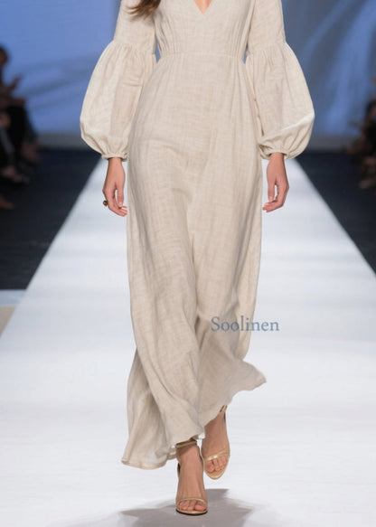 Einzigartige beige lange Patchwork-Baumwollkleider mit V-Ausschnitt für den Frühling