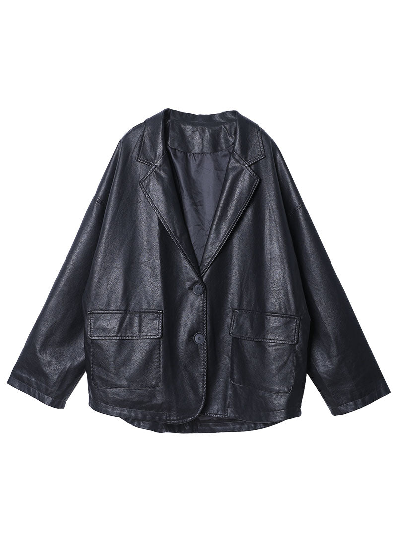 Einzigartiger schwarzer Mantel mit gekerbten Taschen und Knöpfen, lange PU-Ärmel