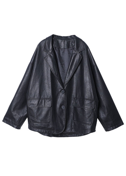 Einzigartiger schwarzer Mantel mit gekerbten Taschen und Knöpfen, lange PU-Ärmel