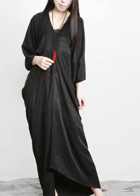 Unique Black Asymmetric V Neck Silk Party Dresses - SooLinen