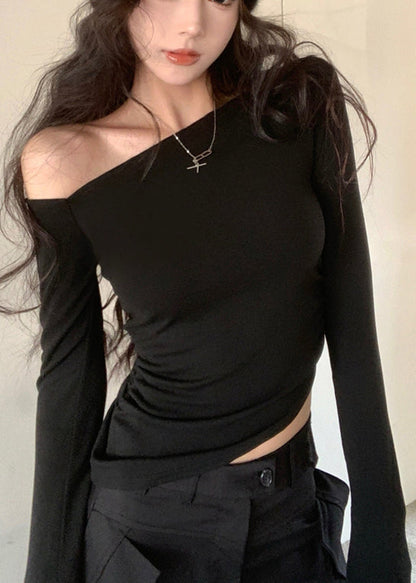 Unique Black Asymmetrical Design Cotton Shirts