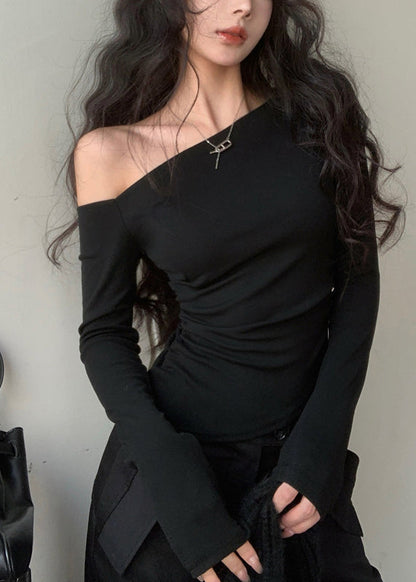 Unique Black Asymmetrical Design Cotton Shirts