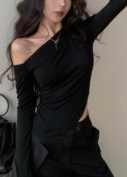 Unique Black Asymmetrical Design Cotton Shirts