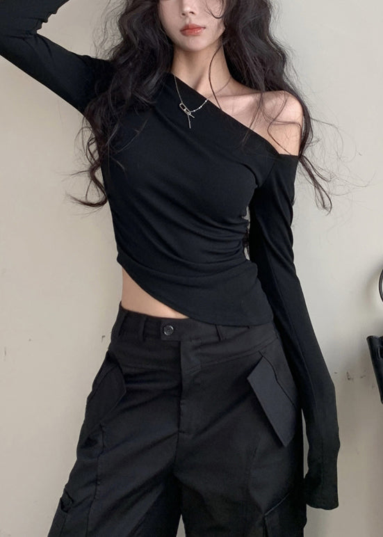 Unique Black Asymmetrical Design Cotton Shirts