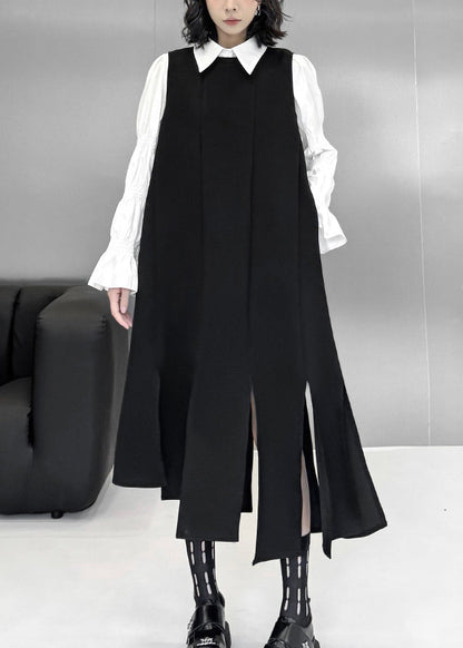 Unique Black Asymmetrical Design Side Open Long Waistcoat Dress Sleeveless