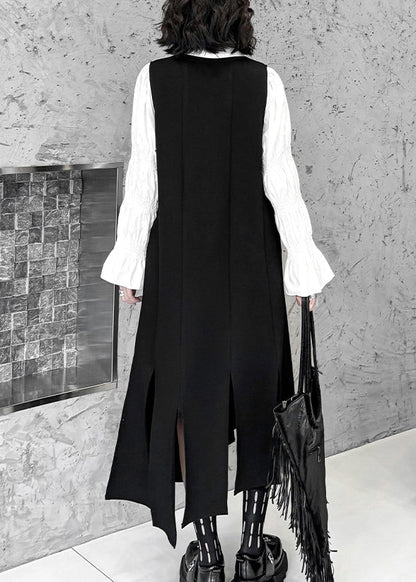 Unique Black Asymmetrical Design Side Open Long Waistcoat Dress Sleeveless