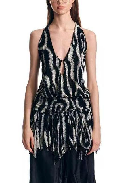 Unique Black Backless Print Halter Beach Vest Summer