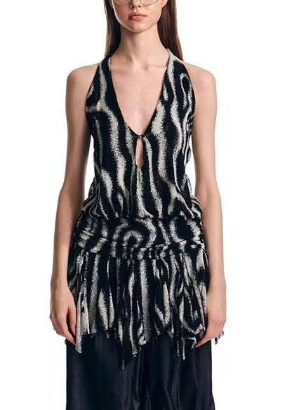 Unique Black Backless Print Halter Beach Vest Summer