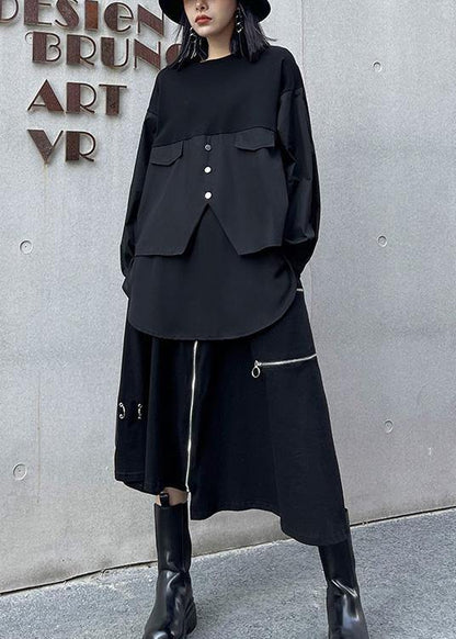 Unique Black Button Cotton Long Sleeve Spring Blouses - SooLinen