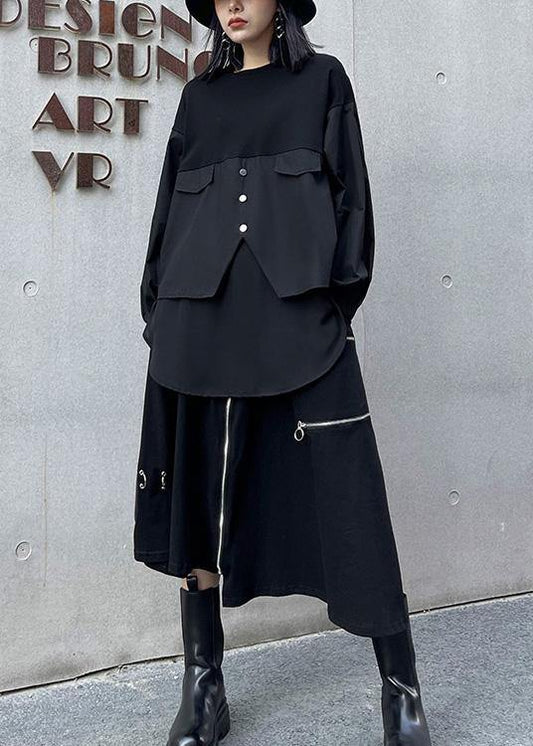 Unique Black Button Cotton Long Sleeve Spring Blouses - SooLinen