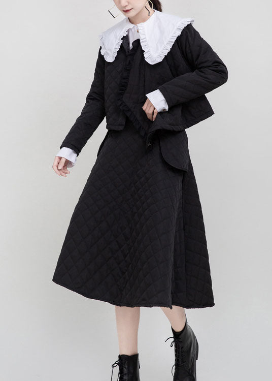 Einzigartiger schwarzer Knopf Patchwork Rüschen Wintermantel Langarm