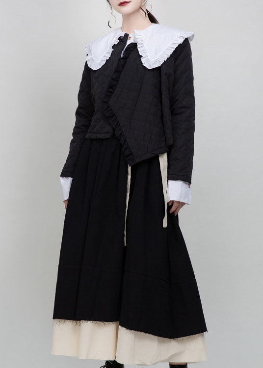 Einzigartiger schwarzer Knopf Patchwork Rüschen Wintermantel Langarm