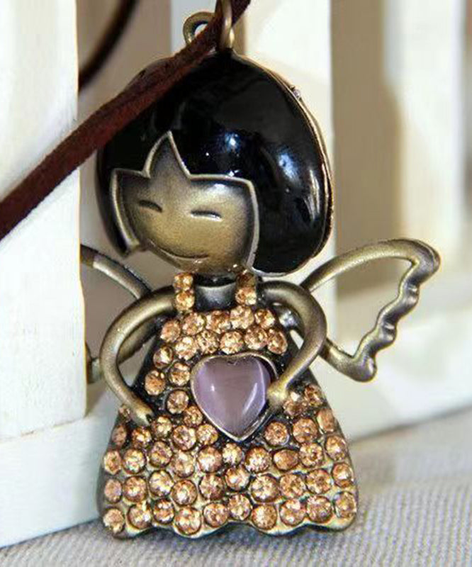 Einzigartige schwarze Halskette mit Anhänger „Love Angel Girl“ aus 45 % Baumwolle und 55 % Leinen.