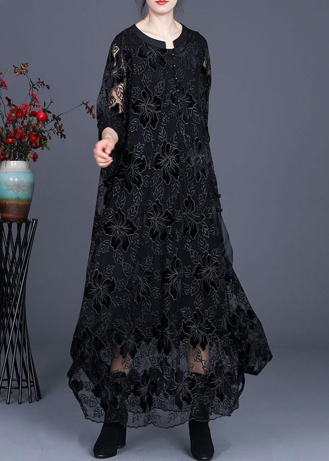 Unique Black Lace Dress Casual Plus Size Caftans Gown - SooLinen