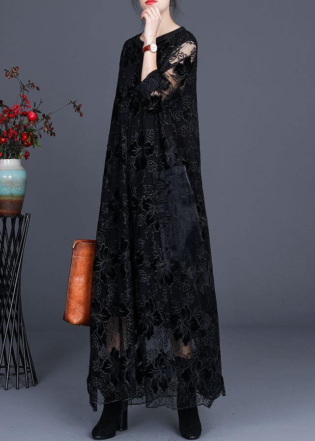 Unique Black Lace Dress Casual Plus Size Caftans Gown - SooLinen