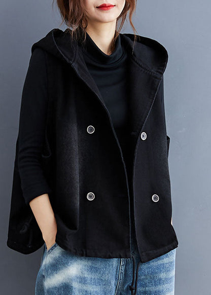 Einzigartige schwarze ärmellose Trenchcoat-Weste aus Denim mit Kapuze und Knopfleiste