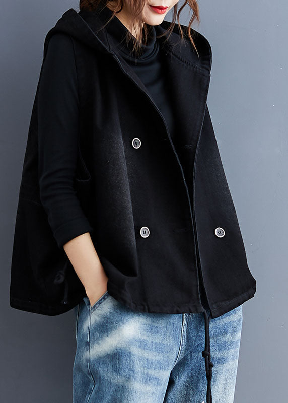 Einzigartige schwarze ärmellose Trenchcoat-Weste aus Denim mit Kapuze und Knopfleiste