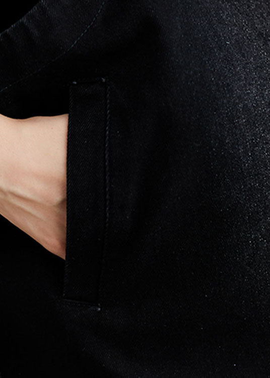 Einzigartige schwarze ärmellose Trenchcoat-Weste aus Denim mit Kapuze und Knopfleiste