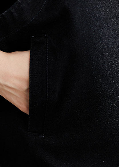 Einzigartige schwarze ärmellose Trenchcoat-Weste aus Denim mit Kapuze und Knopfleiste