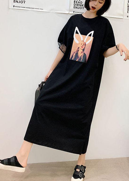 Unique Black O-Neck Puff Sleeve Summer Character Long Dress - SooLinen