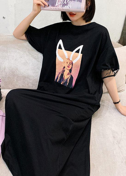 Unique Black O-Neck Puff Sleeve Summer Character Long Dress - SooLinen