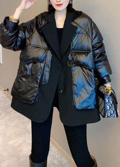 Einzigartige schwarze Patchwork-Winter-Daunenmäntel mit Knopf und Kordelzug