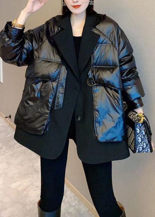 Einzigartige schwarze Patchwork-Winter-Daunenmäntel mit Knopf und Kordelzug