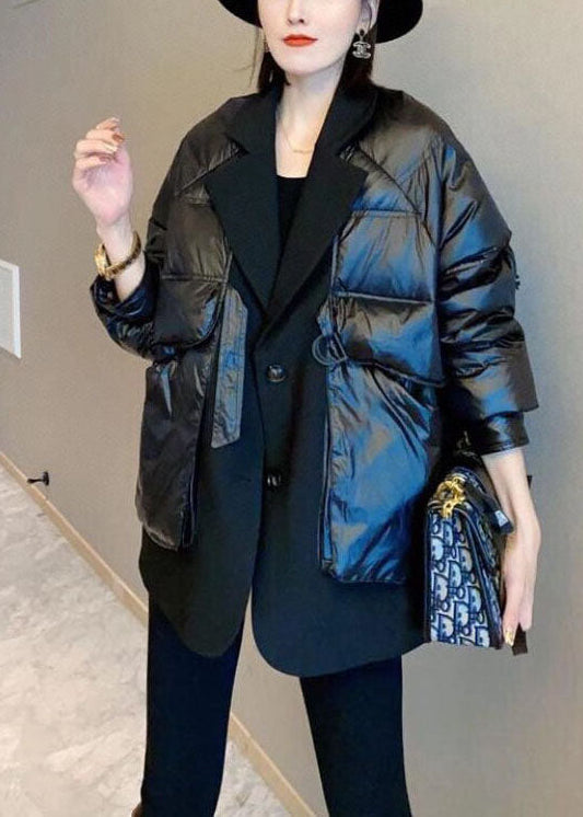 Einzigartige schwarze Patchwork-Winter-Daunenmäntel mit Knopf und Kordelzug