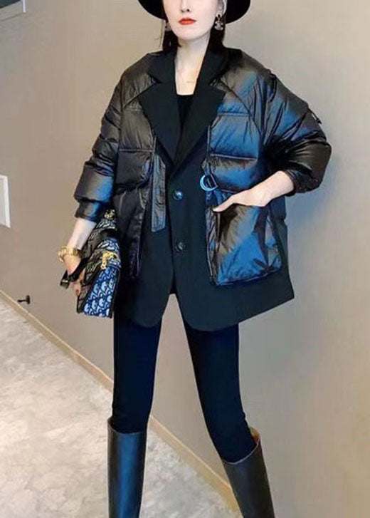 Einzigartige schwarze Patchwork-Winter-Daunenmäntel mit Knopf und Kordelzug