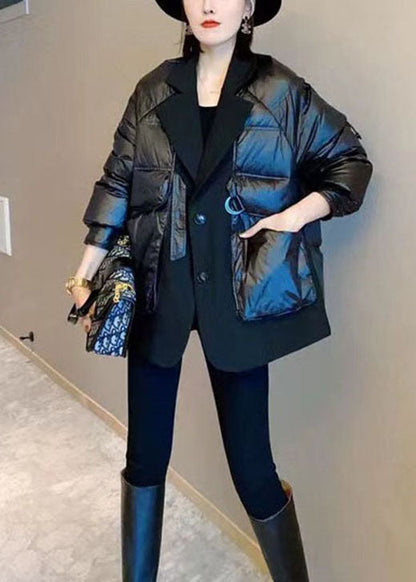 Einzigartige schwarze Patchwork-Winter-Daunenmäntel mit Knopf und Kordelzug