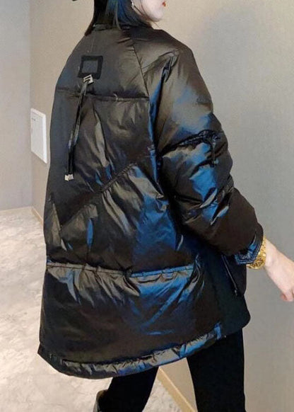 Einzigartige schwarze Patchwork-Winter-Daunenmäntel mit Knopf und Kordelzug