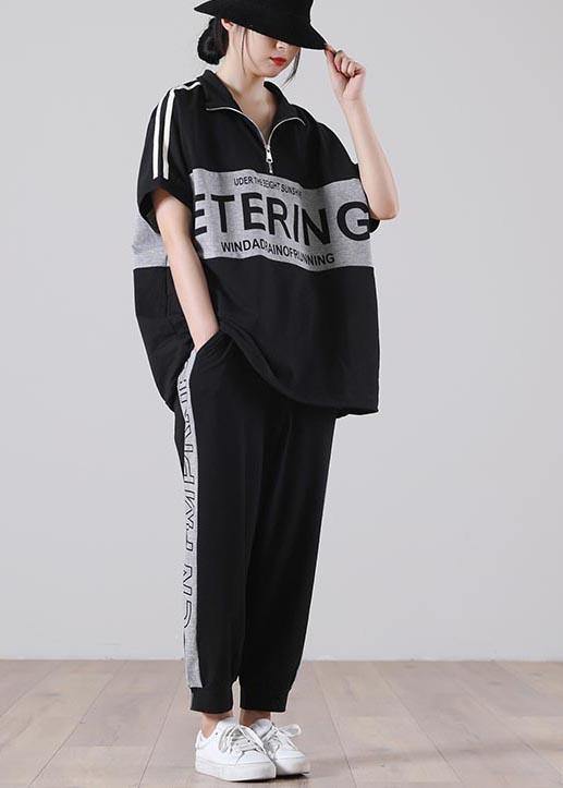 Unique Black Patchwork Cotton Summer Two Piece Set Women Clothing - SooLinen