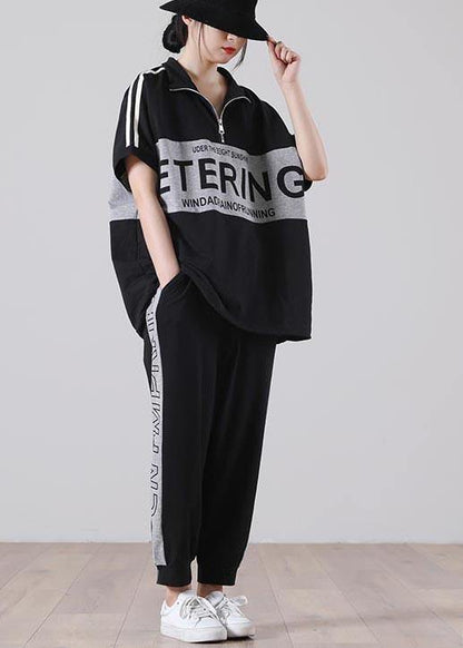 Unique Black Patchwork Cotton Summer Two Piece Set Women Clothing - SooLinen