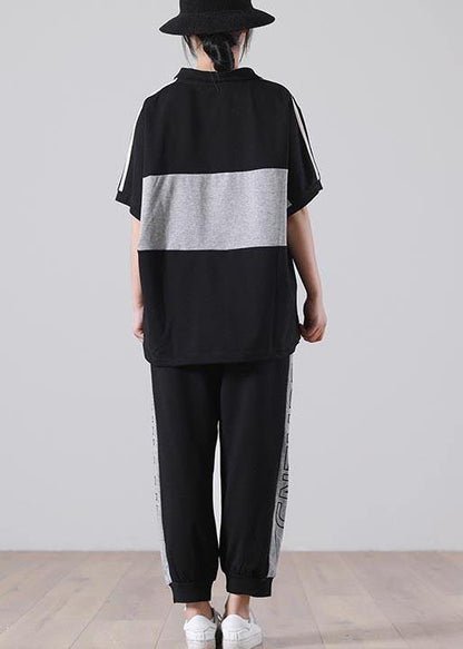 Unique Black Patchwork Cotton Summer Two Piece Set Women Clothing - SooLinen