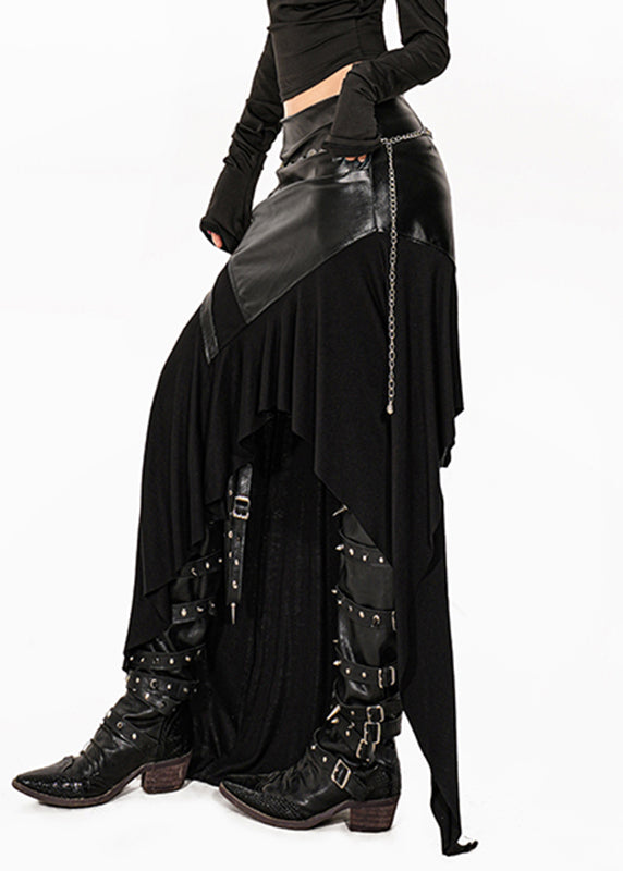 Unique Black Patchwork High Waist PU Maxi Skirt Summer