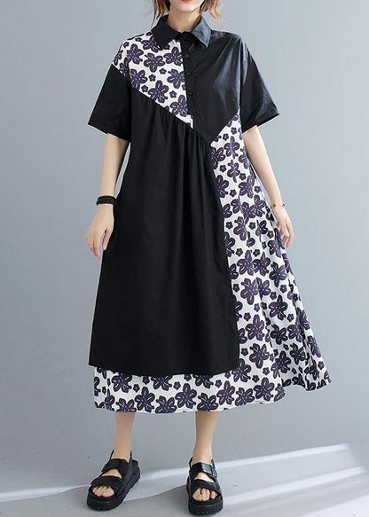 Unique Black Patchwork Print Peter Pan Collar Summer Chiffon Dress - SooLinen