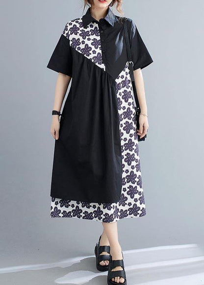 Unique Black Patchwork Print Peter Pan Collar Summer Chiffon Dress - SooLinen