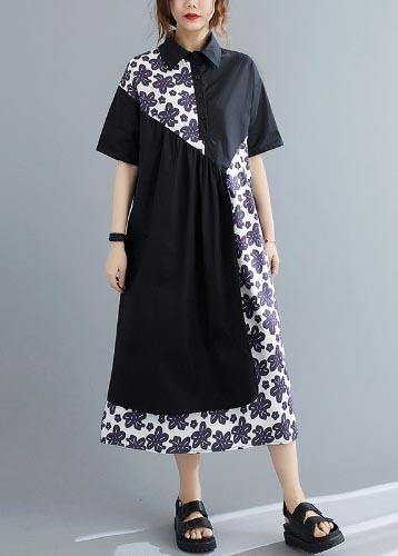Unique Black Patchwork Print Peter Pan Collar Summer Chiffon Dress - SooLinen