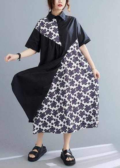 Unique Black Patchwork Print Peter Pan Collar Summer Chiffon Dress - SooLinen
