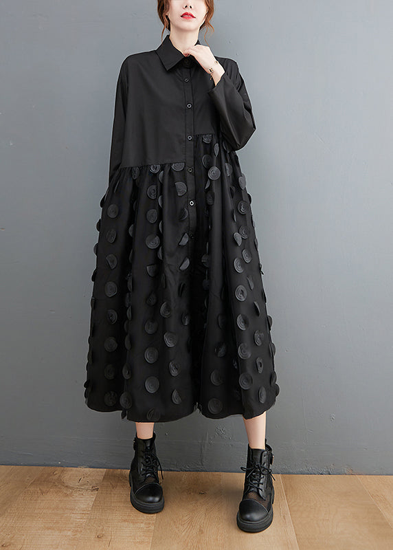 Einzigartige Schwarze Peter Pan Kragen Knopf Tüll Patchwork Hemd Kleider Frühling
