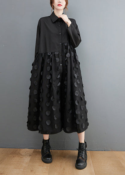 Einzigartige Schwarze Peter Pan Kragen Knopf Tüll Patchwork Hemd Kleider Frühling