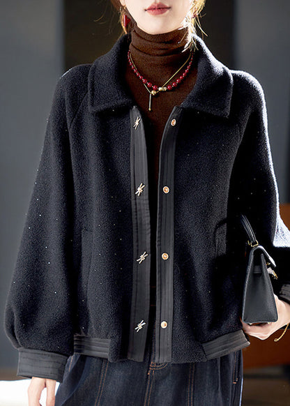 Einzigartige schwarze Peter-Pan-Kragen-Patchwork-Zirkon-Strick-Baumwolljacke mit Laternenärmeln