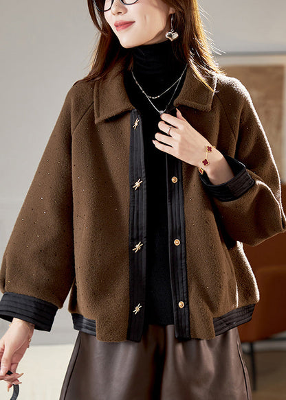 Einzigartige schwarze Peter-Pan-Kragen-Patchwork-Zirkon-Strick-Baumwolljacke mit Laternenärmeln