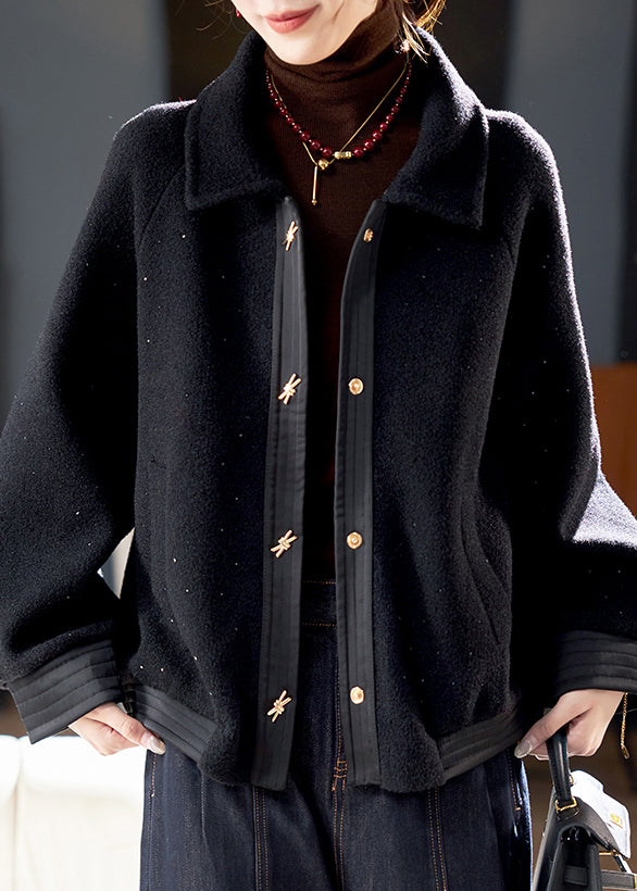 Einzigartige schwarze Peter-Pan-Kragen-Patchwork-Zirkon-Strick-Baumwolljacke mit Laternenärmeln