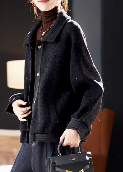 Einzigartige schwarze Peter-Pan-Kragen-Patchwork-Zirkon-Strick-Baumwolljacke mit Laternenärmeln