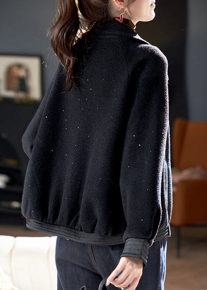 Einzigartige schwarze Peter-Pan-Kragen-Patchwork-Zirkon-Strick-Baumwolljacke mit Laternenärmeln
