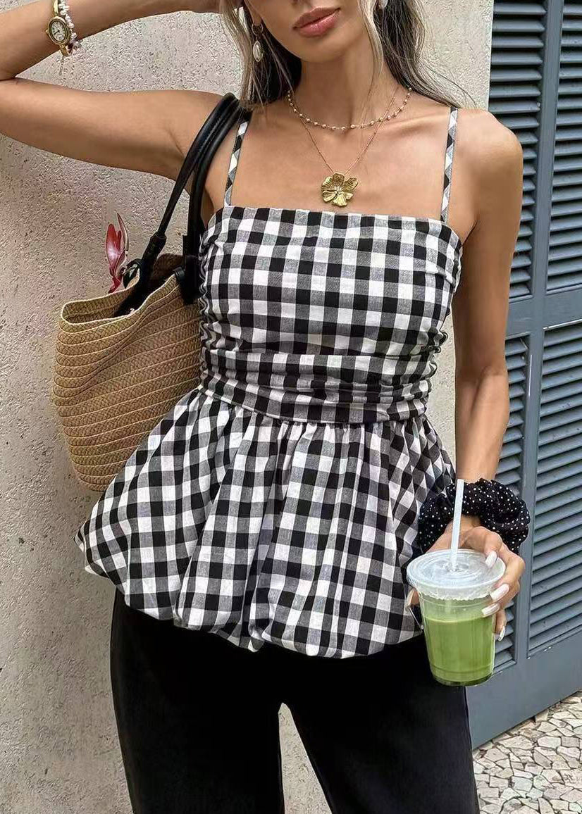 Unique Black Plaid Wrinkled Cotton Tank Tops Sleeveless