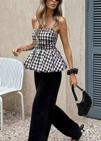 Unique Black Plaid Wrinkled Cotton Tank Tops Sleeveless