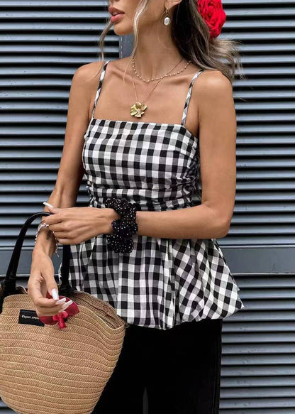 Unique Black Plaid Wrinkled Cotton Tank Tops Sleeveless