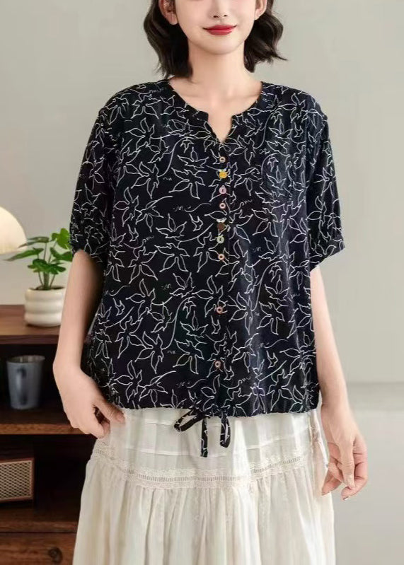 Unique Black Print Drawstring Cotton Blouse Tops Summer